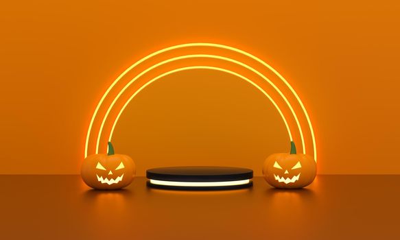 Cylinders pedestal with light neon and pumpkins halloween for product display on funny circles light on orange background. Empty podium platform. 3d rendering.