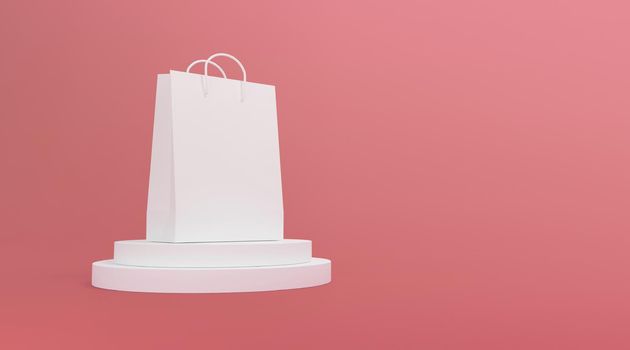 Shopping bag on platform exhibition in pink studio background. 3d rendering.