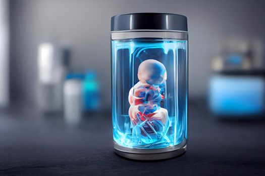 human baby embyo inside blue incubator breeding tank, ectogenesis concept, neural network generated art. Digitally generated image. Not based on any actual scene or pattern.