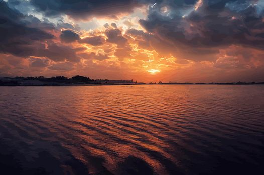 illustration of the beautiful orange sunset on the shore of the beach. sunset sky