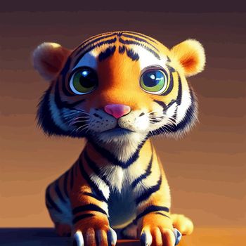 animated illustration of a cute tiger, animated baby tiger portrait.