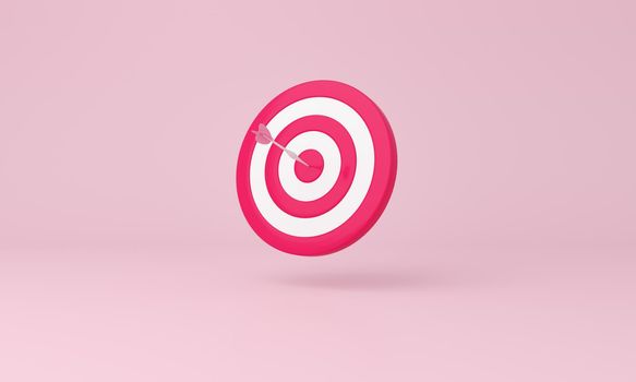 Dart hit the center of target on pink background. Business aiming at the target concept. 3d rendering.