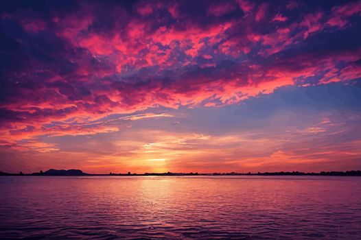 illustration of the beautiful orange sunset on the shore of the beach. sunset sky