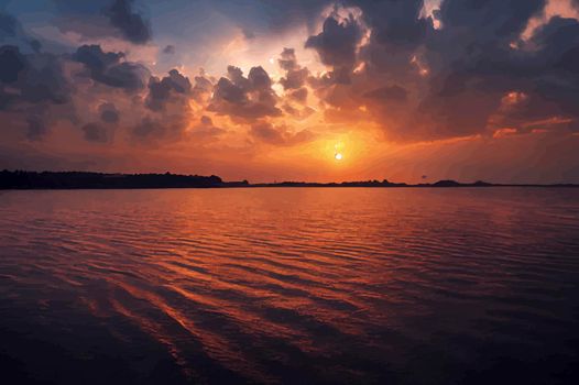 illustration of the beautiful orange sunset on the shore of the beach. sunset sky