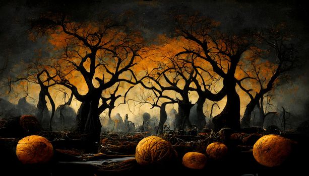 spooky halloween forest with scary black trees and pumpkins on the ground, neural network generated art. Digitally generated image. Not based on any actual scene or pattern.