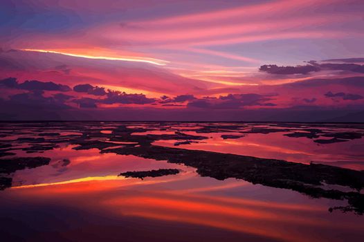 illustration of the beautiful orange sunset on the shore of the beach. sunset sky