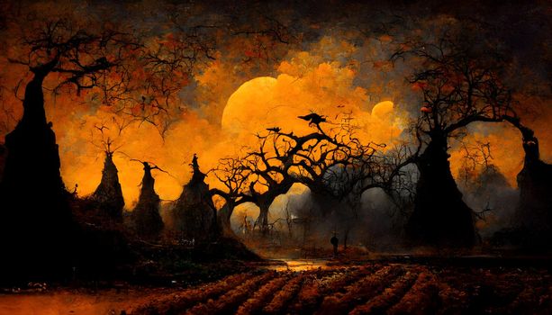 spooky halloween forest with scary black trees, neural network generated art. Digitally generated image. Not based on any actual scene or pattern.
