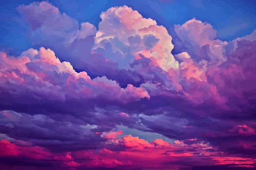 illustration of the Beautiful pastel pink and purple skies and clouds at night as the sun sets. Beautiful sky and clouds.