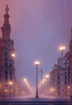 view of madrid street with the Plaza de Cibeles in the background in a foggy day.