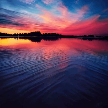 illustration of the beautiful orange sunset on the shore of the beach. sunset sky