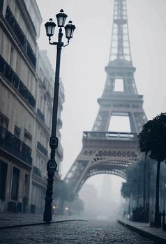 view of paris street with the Eiffel Tower in the background in a foggy day.