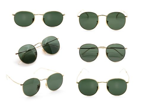 Group of beautiful sunglasses isolated on white background. Costume Fashion.