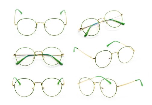 Group of beautiful eyeglass frames isolated on white background. Spectacles. Costume Fashion.