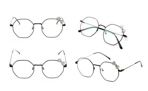 Group of beautiful eyeglass frames isolated on white background. Spectacles. Costume Fashion.