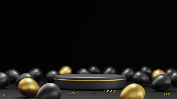 Podium and balloons on black background 3D render