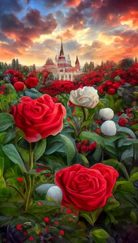 red and white roses under the colorful sky. roses with castle and sunset in the background.