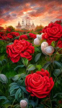 red and white roses under the colorful sky. roses with castle and sunset in the background.