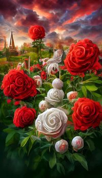 red and white roses under the colorful sky. roses with castle and sunset in the background.