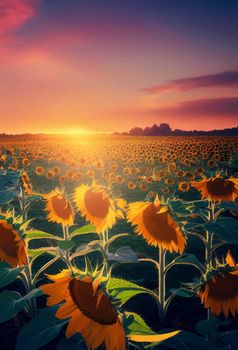 sunflowers under the colorful sky, Beautiful sunflower field