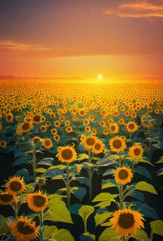 sunflowers under the colorful sky, Beautiful sunflower field