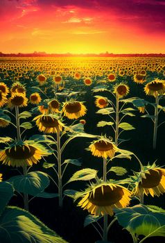 sunflowers under the colorful sky, Beautiful sunflower field