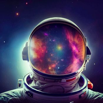 astronaut in space and in the reflection of his helmet stars. Galaxy purple, blue, red, orange, complementary colors, nebula and galaxies in space