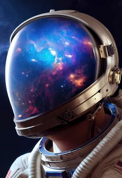 astronaut in space and in the reflection of his helmet stars. Galaxy purple, blue, red, orange, complementary colors, nebula and galaxies in space