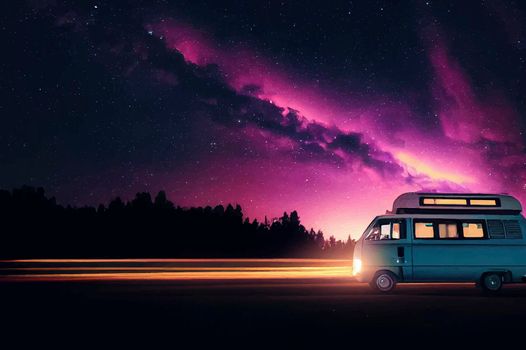 Elevated view of a campervan lit up under a night sky.