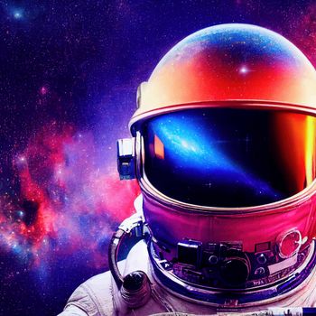 astronaut in space and in the reflection of his helmet stars. Galaxy purple, blue, red, orange, complementary colors, nebula and galaxies in space