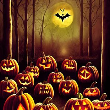 halloween evil pumpkin in the forest on halloween night illustration. halloween pumpkin. halloween illustration.