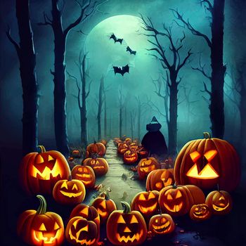 halloween evil pumpkin in the forest on halloween night illustration. halloween pumpkin. halloween illustration.