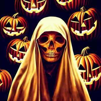 skull on halloween night with evil pumpkins. hallowen illustration.