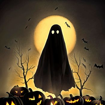 ghost in the forest with full moon and bats. halloween illustration.