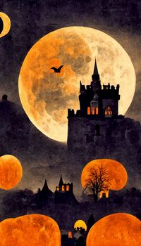 halloween night illustration with full moon and castle in the background. halloweEn illustration.
