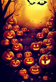 halloween evil pumpkin in the forest on halloween night illustration. halloween pumpkin. halloween illustration.