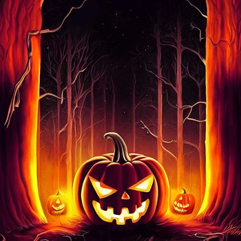 halloween evil pumpkin in the forest on halloween night illustration. halloween pumpkin. halloween illustration.