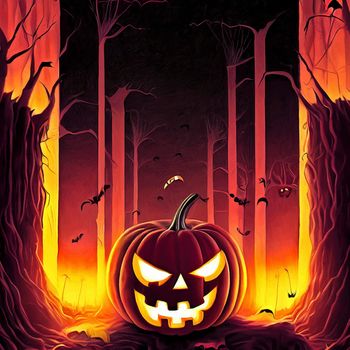 halloween evil pumpkin in the forest on halloween night illustration. halloween pumpkin. halloween illustration.