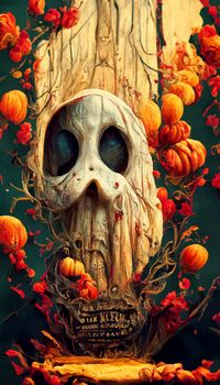 terrifying halloween illustration. hallowen illustration, ghots, pumpkin, witch, spirit