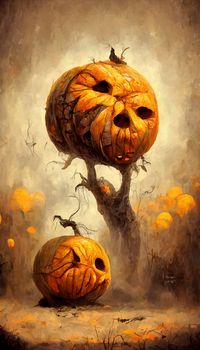 halloween evil pumpkin in the forest on halloween night illustration. halloween pumpkin. halloween illustration.