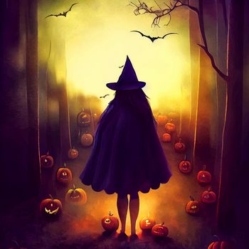 halloween evil pumpkin in the forest on halloween night illustration. halloween pumpkin. halloween illustration.