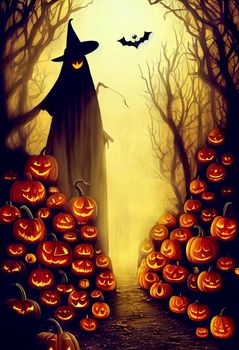 halloween evil pumpkin in the forest on halloween night illustration. halloween pumpkin. halloween illustration.