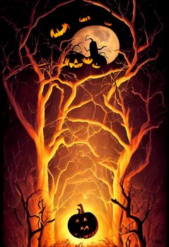 halloween evil pumpkin in the forest on halloween night illustration. halloween pumpkin. halloween illustration.