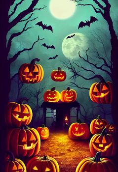 halloween evil pumpkin in the forest on halloween night illustration. halloween pumpkin. halloween illustration.