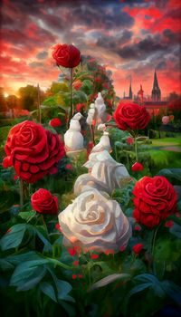 red and white roses under the colorful sky. roses with castle and sunset in the background.