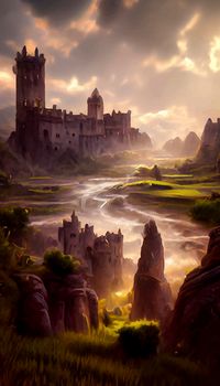 mysterious and awesome knight go to Kamelot, castle landscape, celtic fantasy theme.