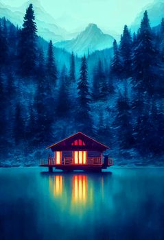 illustration of lakeside cabin in the forest, with pine trees in the background.