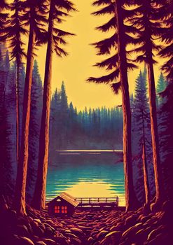 illustration of lakeside cabin in the forest, with pine trees in the background.