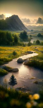 panoramic Illustration of peaceful landscape with a natural setting, cinematic and beautiful landscape illustration