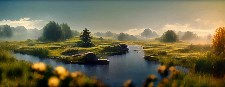 panoramic Illustration of peaceful landscape with a natural setting, cinematic and beautiful landscape illustration