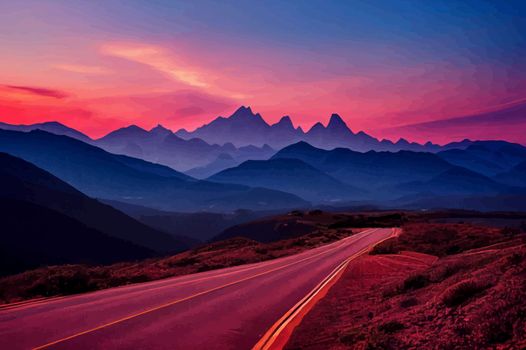 road route with mountains in front and sunset in background. road illustration. road wallpaper.